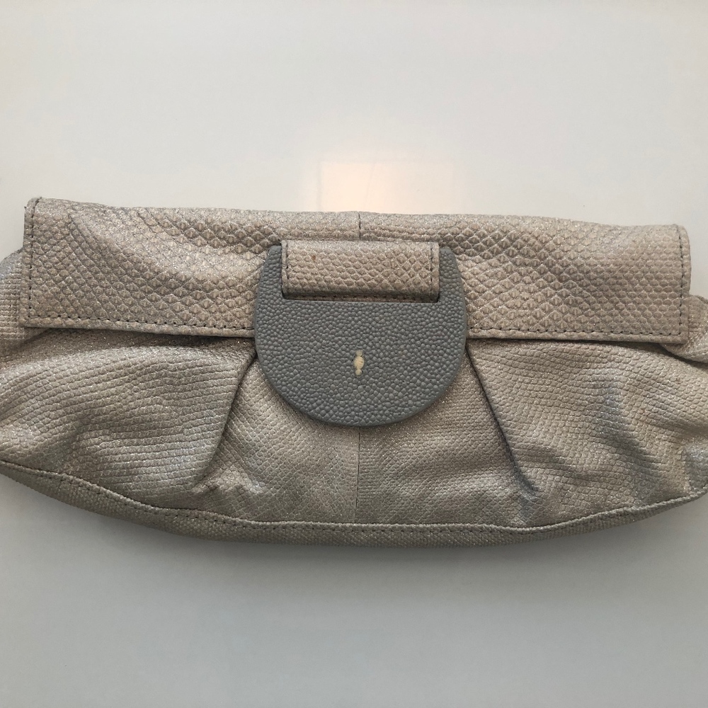R & Y Augousti Silver Snakeskin Clutch